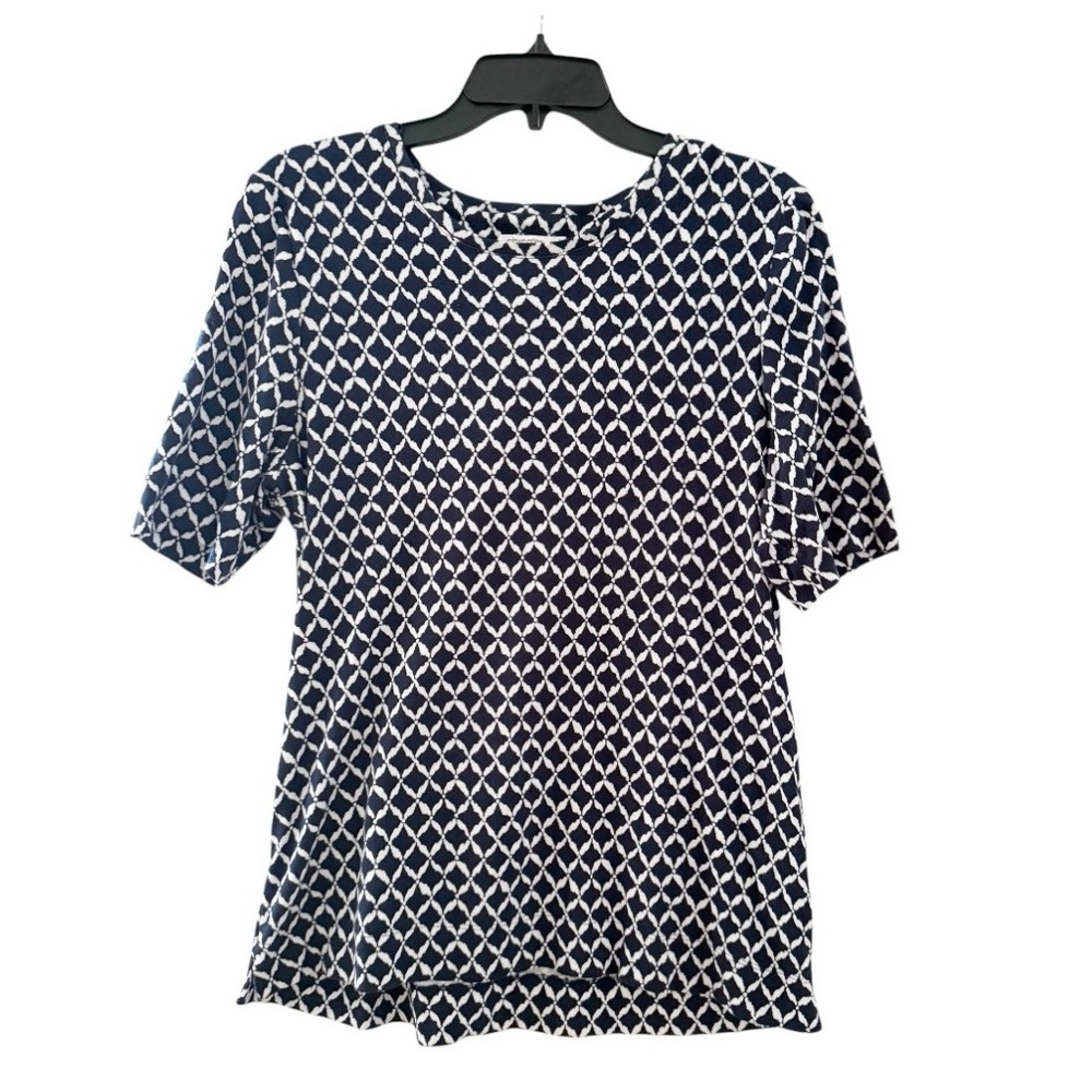 Chico’s Short Sleeve Navy & White Geo Print Top Size 2/Large